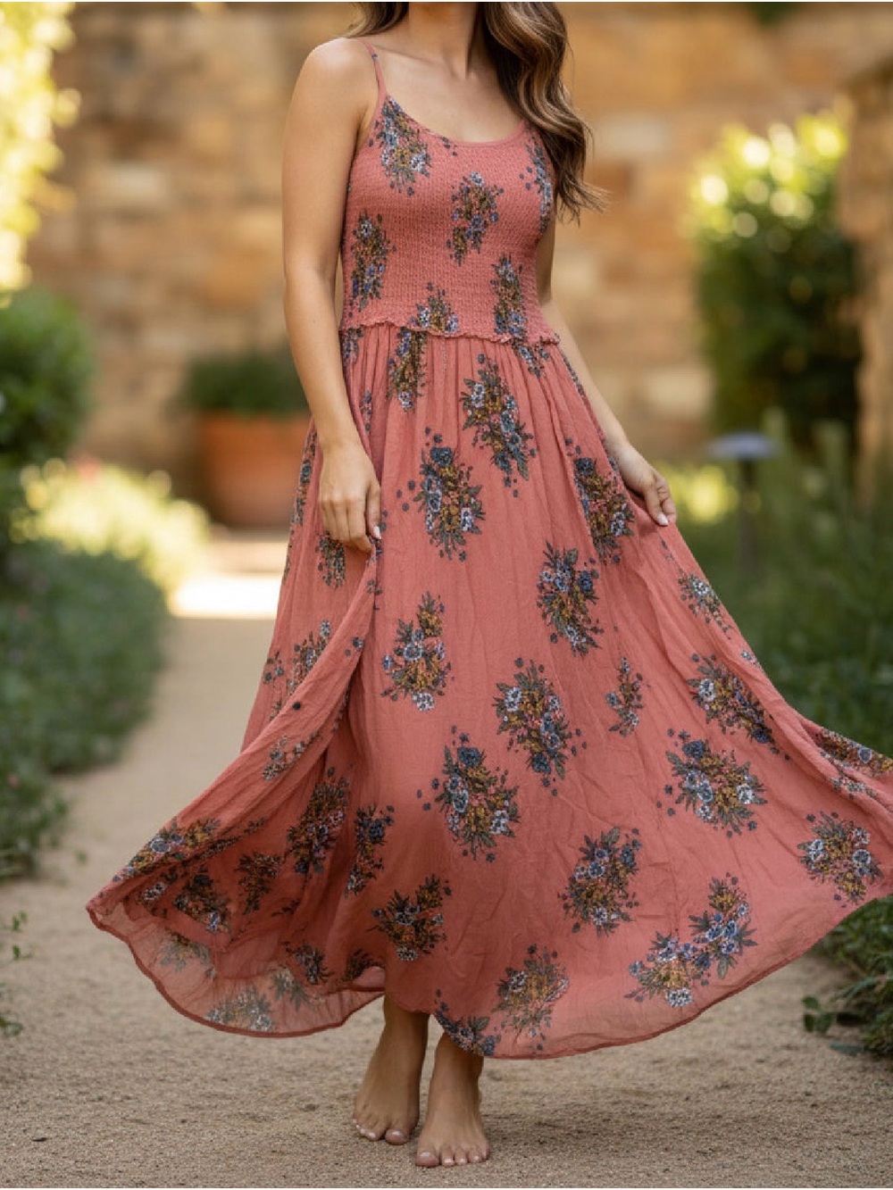 Rusty Coral Rose Floral Smocked Halter Maxi Dress – Bohemian Style
